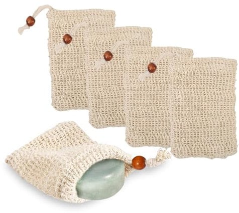 GUZHAIREN 5 Pack Sisal Soap Bags - Organic Natural Soap Bags with Drawstring, Eco Friendly Soap Saver Pouch Bags for Bath Shower Foaming, Drying Soaps, Exfoliatio Shampoo Bar Bag, 9x13cm