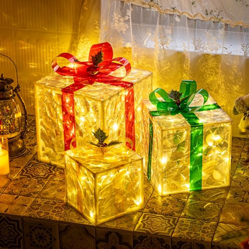 Solpex Set of 3 light up present boxes christmas,8 Light Modes Light Up Present Boxes Christmas Decorations for Indoor Outdoor Porch Yard Tree Holiday Decor(Warm White)