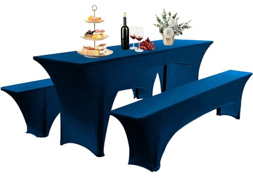 Elastisch Biertischhussen Bierbank-Auflage & Tischdecke Für 50 cm or 70 cm Table Width 3 TLG-Set Breite Bierzeltgarnitur Stretch Hussen Für Festzeltgarnituren Bierbank Hussen (Blau -3,50 cm)