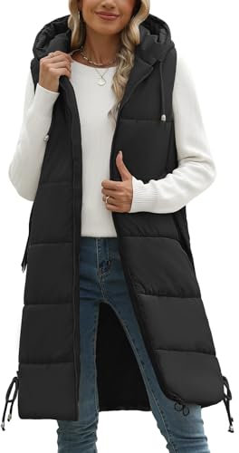 Tuopuda Damen Weste Lang mit Kapuze Herbst Winter, Steppweste Warme Daunenweste Übergangsweste Reißverschlüsse Kapuzenweste Outdoor Winterjacke Vest Ärmellos Jacke Longweste, Schwarz, L