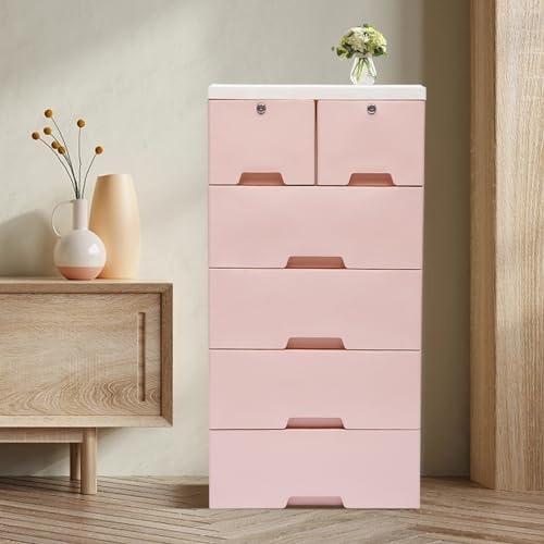 Mermajestic Cassettiera a 6 cassetti, in plastica, portabilità, impilabile, con serratura e ruote, organizer per armadio indipendente per camera da letto (rosa)