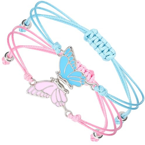 JJUNW 2 Stück Freundschaftsarmband, Verstellbares BFF-Armbänder, Schmetterlingsarmbänder Freundschaftsarmbänder Armband Schmetterling für Beste Freunde Schmuckgeschenke (rosa+blau)