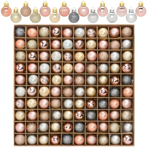 100 Pcs Mini Christmas Ball Ornaments Set, 1.18'' Rose Gold Silver and Champagne Small Shatterproof Xmas Tree Ornament Hanging Ball Bulk Decorations for Holiday Party, Wreath, Garland, Winter Decor
