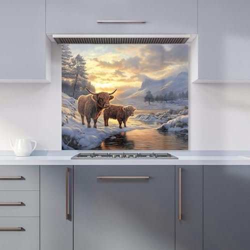 Premium Highland Cows By The Lake Kitchen Splashback 6mm Toughened Glass Kitchen Splashback – Heat Resistant Splashback for Kitchens, Perfect for Cookers and Hobs, Polished Edges