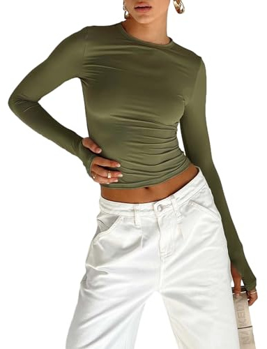Women's Slim Fit Crop Tops Casual Solid Color Crew Neck Long Sleeve Tight T-Shirt Basic Blouse Tee Tops (X-Army Green with Thumb Holes, M)