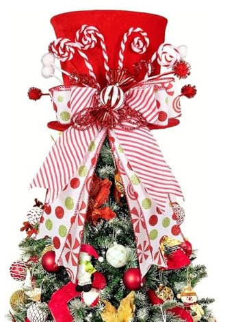 Christmas Tree Topper Hat, Christmas Tree Topper Hat with Candy Cane Ribbon,Red Tree Top Star Hat, Candy Cane Tree Topper for Tree Winter Holiday Party Decor,Xmas Gift (A)