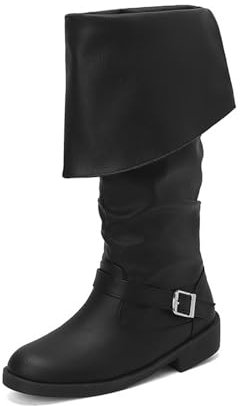 Stivali alla Moda da Donna Stivali Alti con Risvolto al Ginocchio da Donna Stivali da Moto Slip-on Stivali da Equitazione con Fibbia alla Moda con Tacco Basso e Grosso