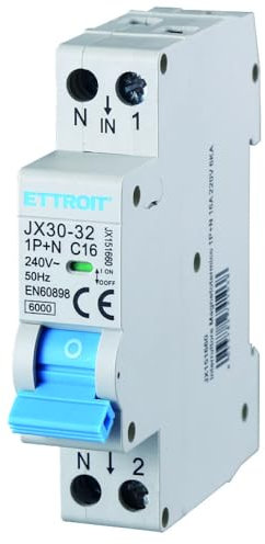 230V 16A C16 INTERRUTTORE MAGNETOTERMICO 240V AC, MONOFASE, OCCUPA 1 MODULO GUIDA DIN, 1P+N, 6KA 6000 AMPERE, INTERRUTTORE DI CIRCUITO