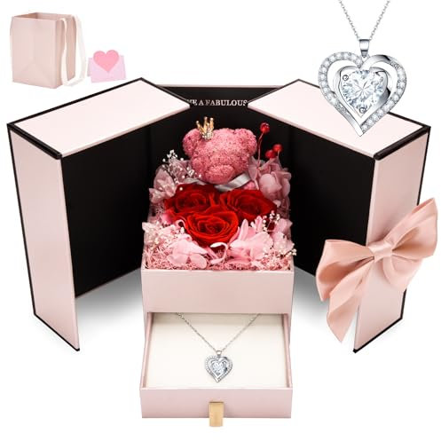 CSYY Rose Stabilizzate, Festa della Mamma Regali di Rose Eterne per Le Donne Collana Bianca a Forma di Cuore di Rose Conservate Fatte a Mano Confezione Regalo di Gioielli Regalo
