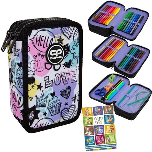 Goldkids - Federmäppchen 3 Fächer - Mäppchen für Mädchen und Jungen - Federmappe 3-Fach Federtasche Gefüllte Schüleretui Schulmäppchen und Hausaufgabenheft - Love Motiv