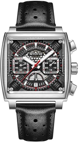 SEVEN XII Quadratische automatische Chronograph-Uhr für Herren, schwarz, selbstaufziehend, Saphirglas, Business, klassisch, leuchtend, Sport-Armbanduhr S005