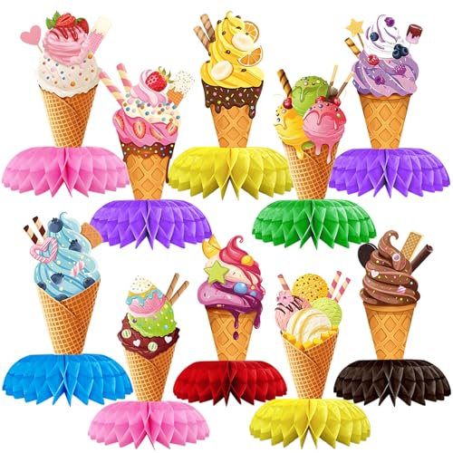 10 Stück Sommer Party Deko, Bienenwabe Mittelstücke Dekoration, Hawaii Party Deko, Eiscreme Waben Tischaufsätze, Eis Kuchen Topper für Geburtstagsparty, für Hochzeit Babyparty Deko Geburtstag
