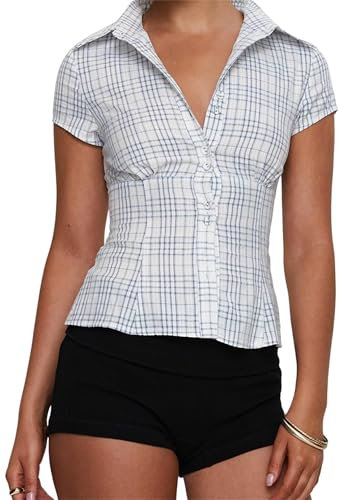 Women's Plaid Button Down Shirts Y2k Summer Basic Ruffle Blouse Lapel Collar Short Sleeve Slim Fit Tops (B-Blue, S)