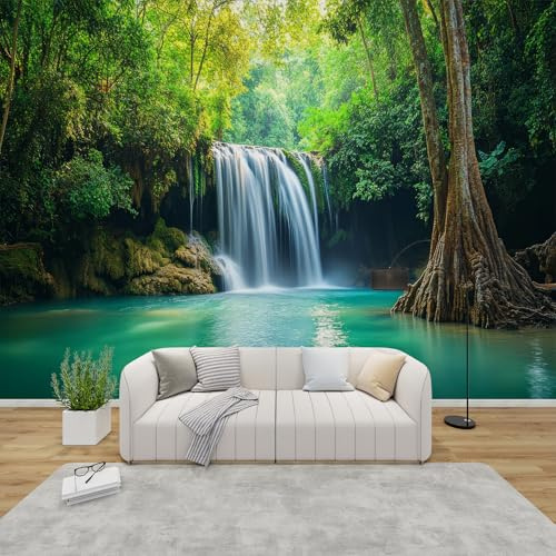 QEODAH Fototapete Landschaft Schlafzimmer, 3D Tapete Wald Natur, Vliestapete Grün, Tapeten Wohnzimmer Muster, Grün Baum Wasserfall Wand Deko Kinderzimmer, Wandtapete, Mustertapete Vlies 300x210 cm