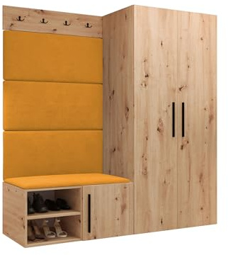 Mirjan24 Garderoben-Set Mapreni I, Schuhschrank + Kleiderhakenbrett + Kleiderschrank Gepolstertes Paneel/Wandpaneel Kleiderhaken Flurgarderobe Wandgarderobe (Artisan Eiche, Manila 32)