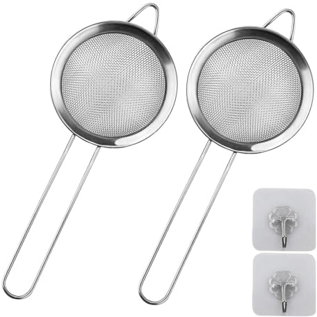Juego de 2 pequeños coladores de malla fina de acero inoxidable con ganchos de cocina, 8 cm de diámetro, mini colador de té con asa, ideal para jugos, huevos, té, café, filtro