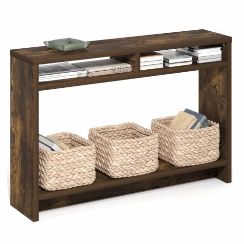 Furinno Viola Konsolentisch, 3-stöckiger schmaler Konsolentisch mit extra dickem Rahmen und Ablageboden, 119.89cm breiter Sofatisch, für Wohnzimmer, Homeoffice, Eingangsbereich, Amber Pine