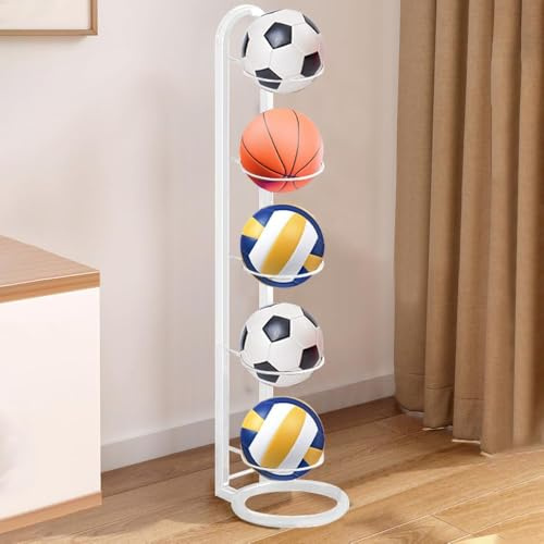 Vurixfo 5 Tier Ball Storage Rack, Metal Football Stand Vertical Basketball Racks Removable Balls Holder Display Stand Vertical Ball Storage for Sports Equipment Storage Organizer, White