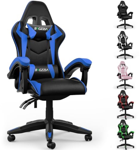 bigzzia Gaming Stuhl, Gaming Chair mit Bluetooth-Lautsprechern Blau | Gaming Sessel mit Lendenkissen und Kopfstütze, höhenverstellbar, PC Stuhl für Erwachsene, Mädchen und Jungen, Computerstuhl
