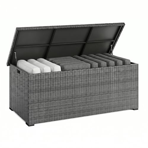 UDPATIO 650L Rattan Garden Storage Box | Outdoor Waterproof Storage Box with Gas Lift Lid | Outside Cushion Box | Deck Box | Grey