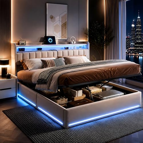 BSCFHCZ Bett 160x200 mit Stauraum,Polsterbett mit Led Kopfteil,Doppelbett 160x200, Polsterbett mit Hydraulisch Stauraum,Bett mit Lattenrost, aus Massivholz und Samt,Ohne Matratze