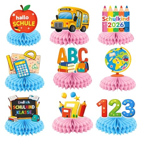 9 Stück Einschulung Deko, Bunte Wabenaufsteller Tischdeko für Schulkind 2026 Mädchen & Jungen, Schulanfang Deko, Party Einschulung Mädchen Deko, 2026 Schulstart Tischdekoration, Party Tischaufsteller