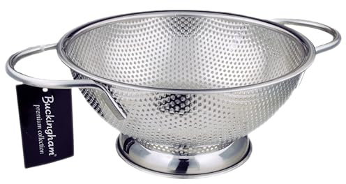 Buckingham Micro-Perforated Colander 18/8 Stainless Steel Deep Strainer Bowl with Footed Base Colander for Kitchen Pasta Spaghetti Noodles Vegetables & Fruits (22.5 cm)