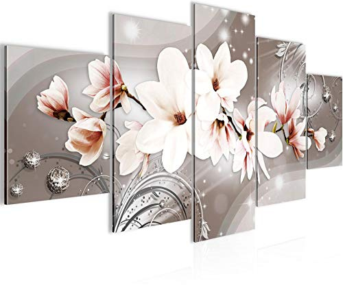 Runa Art Wandbilder Blumen Magnolien 5 Teilig Bild auf Vlies Leinwand Deko Wohnzimmer Abstrakt Beige Braun 006252a