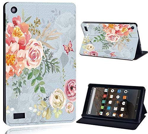 FINDING CASE For Amazon Fire 7 (5th 7th 9th Generation) Tablet - Printed PU Flip Leather Smart Lightweight Shell Stand Cover Case for Fire 7 (5th 7th 9th Generation) (vintage floral paint)