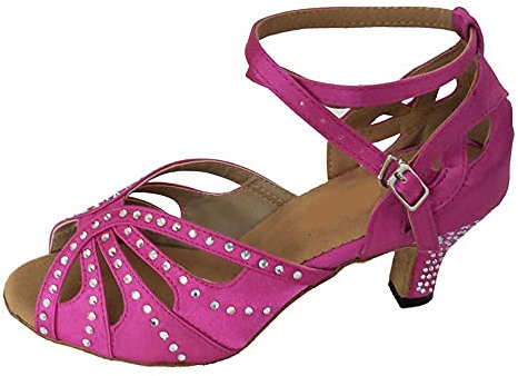Donne Latina Danza Scarpa Raso con Strass Sala da Ballo Open Toe Partito Salsa Danza Scarpe più Colori 2.5 Pollici o su Misura Tacco, Rosa Caldo, 36 EU