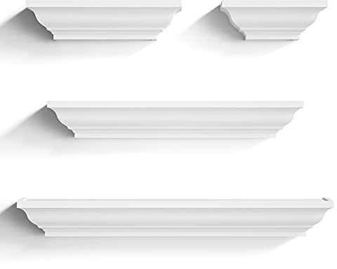 SRIWATANA White Floating Shelves, 24 Inch Solid Wood Storage Wall Shelves Set of 4 Display Ledge Shelves Decor for Bedroom, Living Room, Bathroom, Kitchen - White