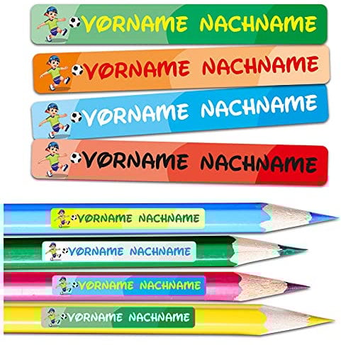 60 x Namensaufkleber Wunschname personalisiert je 4,5x0,6cm Aufkleber mit Kinder Name Beschriftung Schule Kindergarten Stifte Sticker (Nr. 12 Fußball, Für schmale Oberflächen)