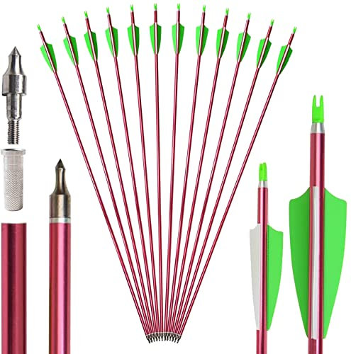 SHARROW 12 Aluminium Pfeile 32 Zoll Pfeile für Bogenschießen Spine 500 Jagd Bogen Pfeile Jagdpfeile mit Kunststoffbefiederung für Pfeil Und Bogen Recurvebogen Compoundbogen Langbogen (Rot)