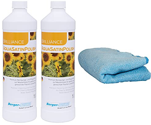 2x1 Liter Berger-Seidle Aqua-Satin Polish Pflegset, Reinigungs- und Pflegemittel für geölte und geölte/gewachste Holzfußböden + Poliertuch zum Auftragen