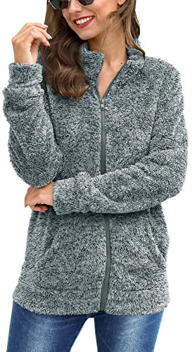 BesserBay - Sweat-shirt chaud pour femme - Avec fermeture éclair et col montant - Veste en polaire - Taille S - XXL, gris, S