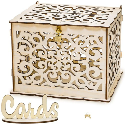 Okllen Holz Hochzeit Kartenbox mit Schloss und Kartenschild, Große Rustikale Hölzerne Kartenbox DIY Geld Umschlag Geschenkhalter für Hochzeitsempfang, Babyparty, Geburtstag, Abschluss, Gelb