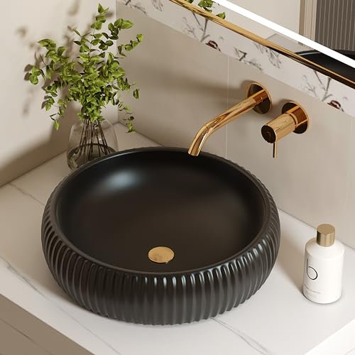 ELLAI 16.5''x5'' Round Vessel Sink Matte Black Bathroom Sink Above Counter Bowl Sink Porcelain Ceramic Vanity Art Basin