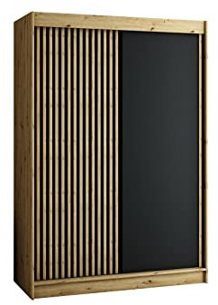MEBLE KRYSPOL Schwebetürenschrank LAMELO mit Zierstreifen, Kleiderschrank mit 2 Kleiderstange, Modern Design (150 cm)