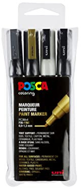 POSCA Pigmentmarker, PC-3M, feine Spitze, Schwarz, Weiß, Gold, Silber, 4 Stück