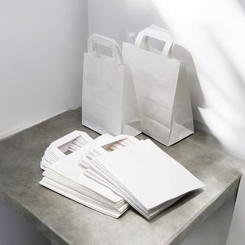 HOT BARGAINS 50 X Paper Bags With Handles White Small (19 x 8 x 25cm) SOS Takeaway Food Carriers