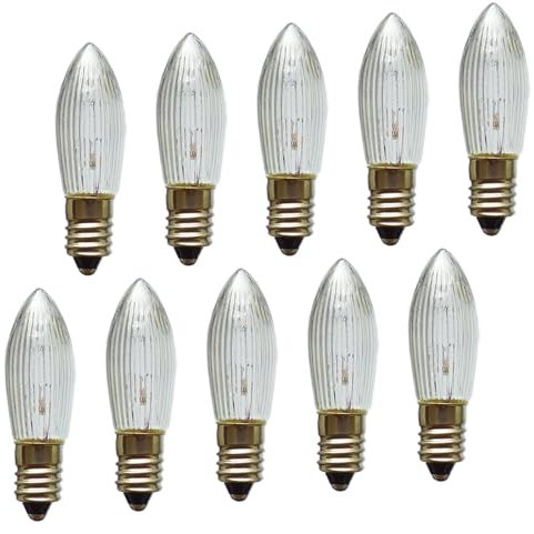 Erzgebirgslicht - AUSWAHL - 10x Topkerze Spitzkerze 8V 1,5W E10 für 30 Brennstellen Ersatzbirne Glühbirne Riffelkerze Glühlämpchen für Lichterketten und Schwibbogen (keine LED!)