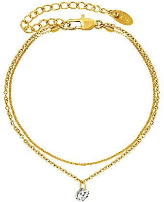 VICKWOOD Fußkettchen aus Wasserfestem Edelstahl Layer_Fußkette aus 18K Vergoldung mit Zirkonia 20 cm bis 25 cm verstellbar Schmuck für Frauen (Layer-Zikonia-Gold)