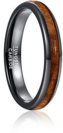 TUNGSTORY Wolfram Ring Schwarz 4mm Damen Holzmaserung Eingelegt Eheringe Kuppel Verlobungsband Polierte Komfort Fit Größe 65(20.7)