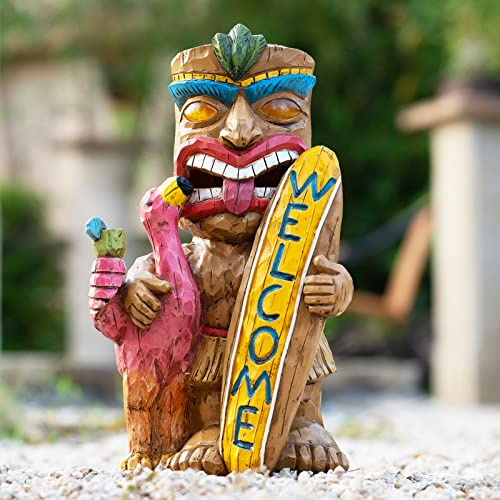 EPTUEGA Solar Tiki Gartenstatue Outdoor Dekor mit Flamingo Wasserdichtes Willkommensschild für Tiki Bar, Terrasse, Balkon, Hof, Rasen, Haustürdekorationen, Gartengeschenk für Tiki-Mann