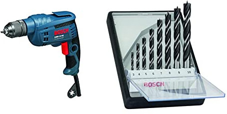 Bosch Professional Bohrmaschine GBM 10 RE (600Watt, 1-10 mm Schnellspannborhfutter,im Karton) + 8tlg. Holzspiralbohrer-Set (für Weich- und Hartholz, Ø 3-10 mm, Zubehör Bohrschrauber und Bohrständer)