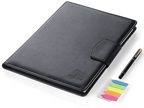 Homewit Klemmbrett Mappe DIN A4, Klemmbrett A6 aus Leder Schreibmappe Konferenzmappe mit Magnet-Verschluss mit Papier und Stift,Schwarz