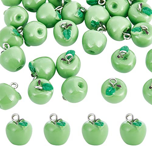 CHGCRAFT 30 Stück Grün Apfel Frucht Charms Harz Obst Anhänger 3D Baumeln Ornamente mit Hängenden Schleifen für Ohrring Armband Halskette Schlüsselanhänger, 15x12mm