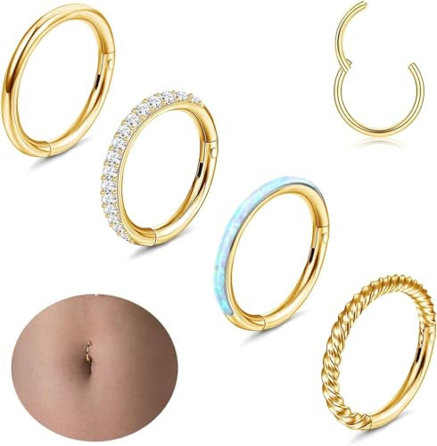 Diamday 14G Bauchnabelpiercing Edelstahl Bauchnabel Ringe Hoop für Damen CZ Opal Bauchnabelpiercing Ring Nabel Ringe Helix Tragus Ohr Septum Lippen Bauchnabel Körper Piercing Schmuck Gold 8mm