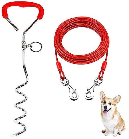 Mithui Ju Outdoor Dog Stake with Steel Leash - Heavy Duty Metal Pet Tie Out Anchor, Anti-Rust Coated Ground Stake + Steel Cable Lead with Ergonomic Handle for Outdoor Camping (16FT/5M, Red)
