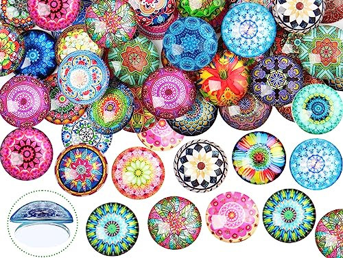 EUES 50 Stück Muggelsteine Bunte Steine, 25mm Glassteine Gemischte Farbe Bunt Steine, Muggelsteine Bunt Flatback, Glassteine Deko für Anhänger Schmuckherstellung Manschettenknöpfe (Ethnischer Stil)